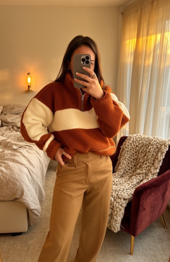 color blocked fleece pullovers