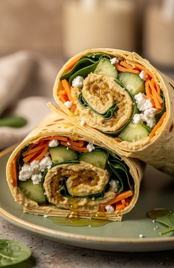 cozy roasted garlic hummus wraps