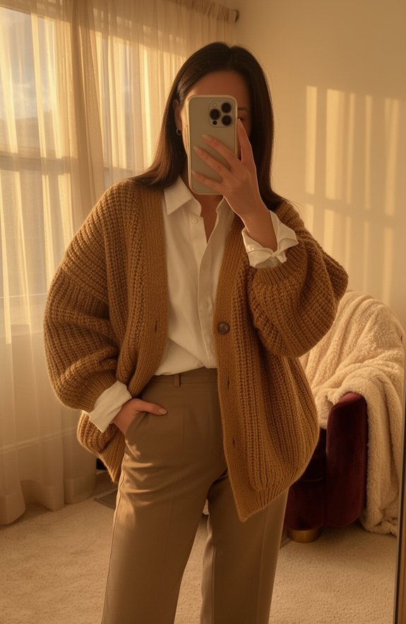 layered cardigan button down shirt